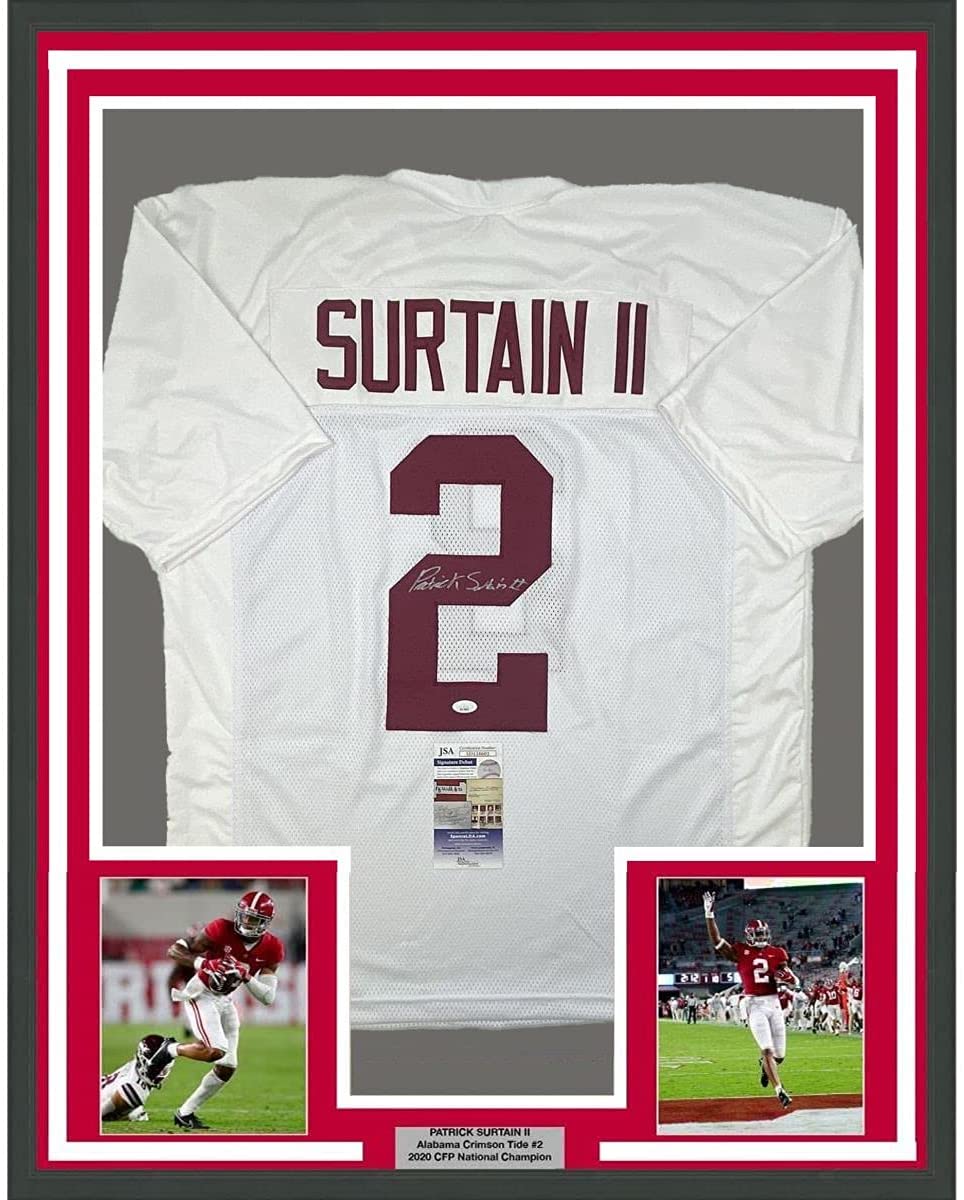 Framed Autographed/Signed Patrick Surtain II 35x39 Alabama White College Football Jersey JSA COA