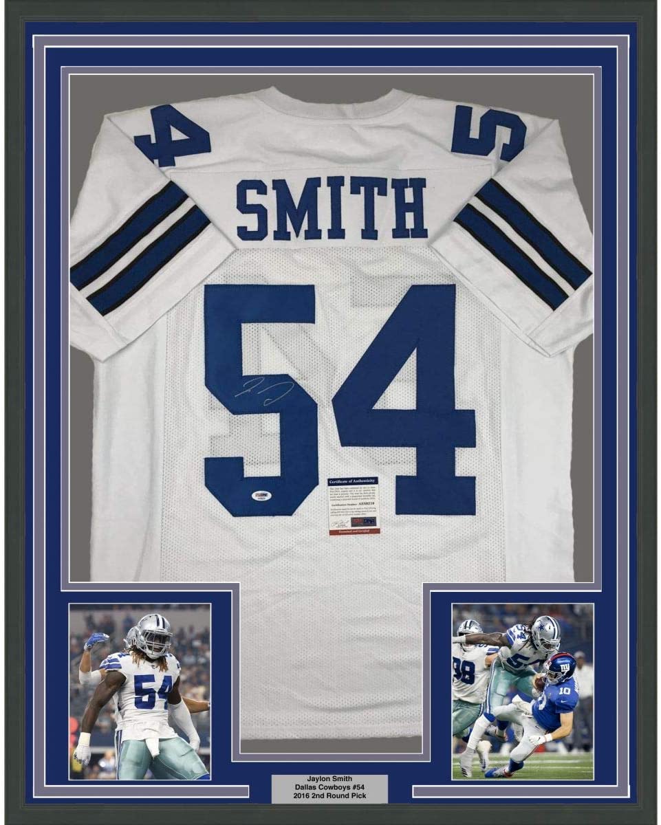 Framed Autographed/Signed Jaylon Smith 35x39 Dallas White Football Jersey PSA/DNA COA
