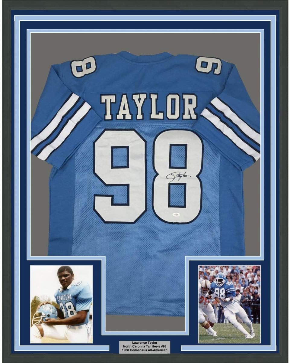 Framed Autographed/Signed Lawrence Taylor 35x39 North Carolina Blue College Football Jersey JSA COA Holo Only