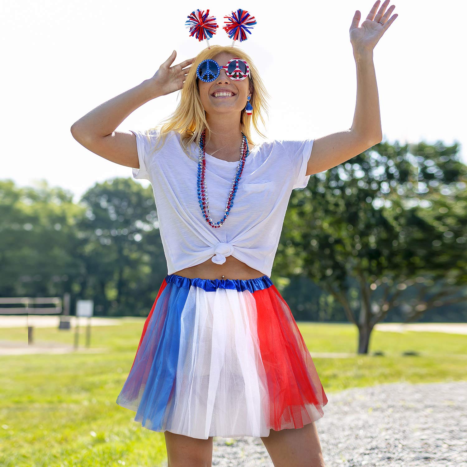 Hicarer 80s Women Tutu Set Pom Pom Headband Necklaces Earrings Red Blue White M