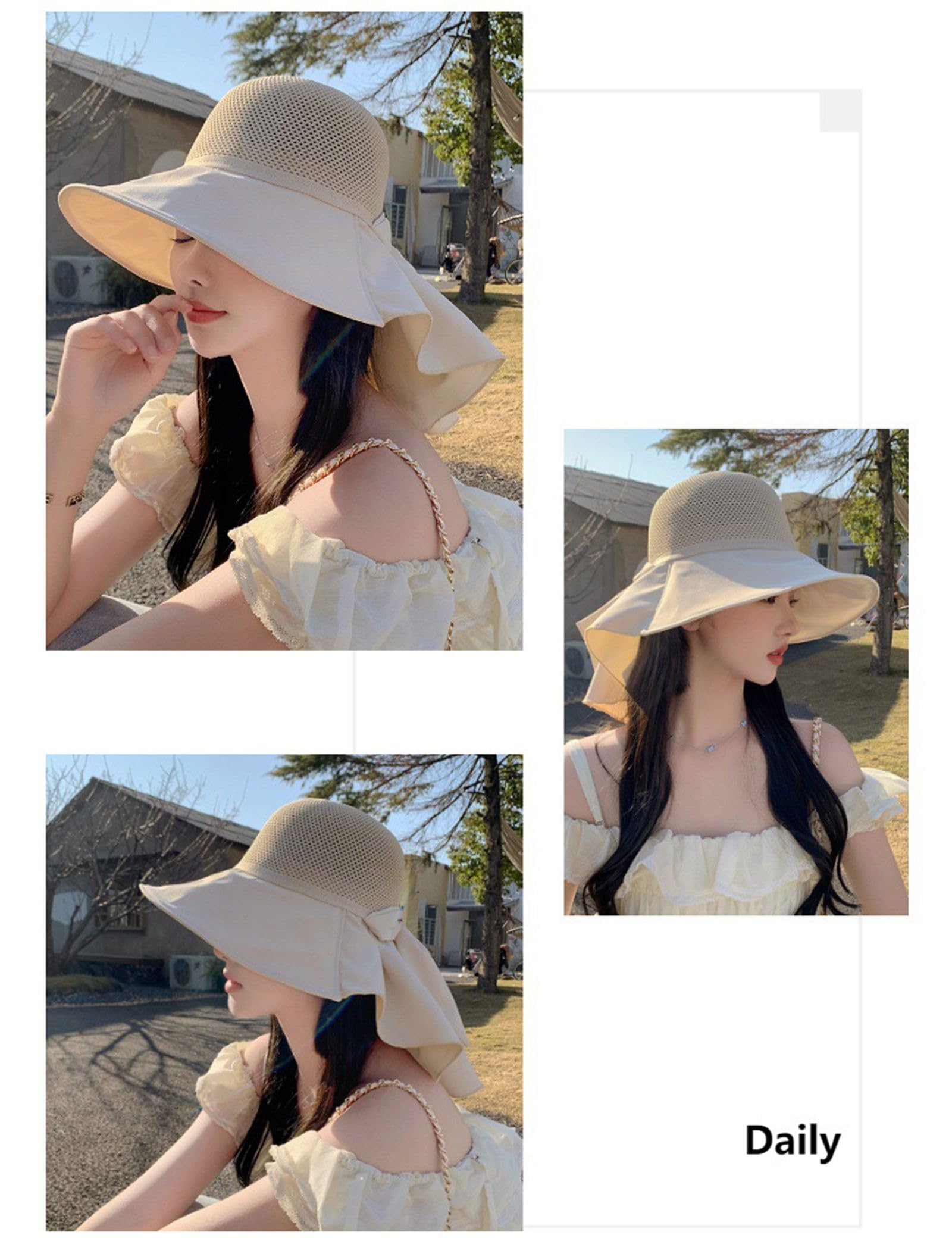 CAOCEFA Womens UPF50 Mesh Sun Hat Wide Brim Neck Flap Off White
