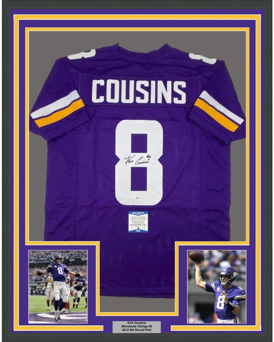Framed Autographed/Signed Kirk Cousins 35x39 Minnesota Purple Football Jersey Beckett BAS COA
