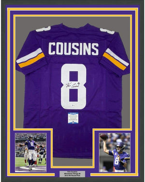 Framed Autographed/Signed Kirk Cousins 35x39 Minnesota Purple Football Jersey Beckett BAS COA