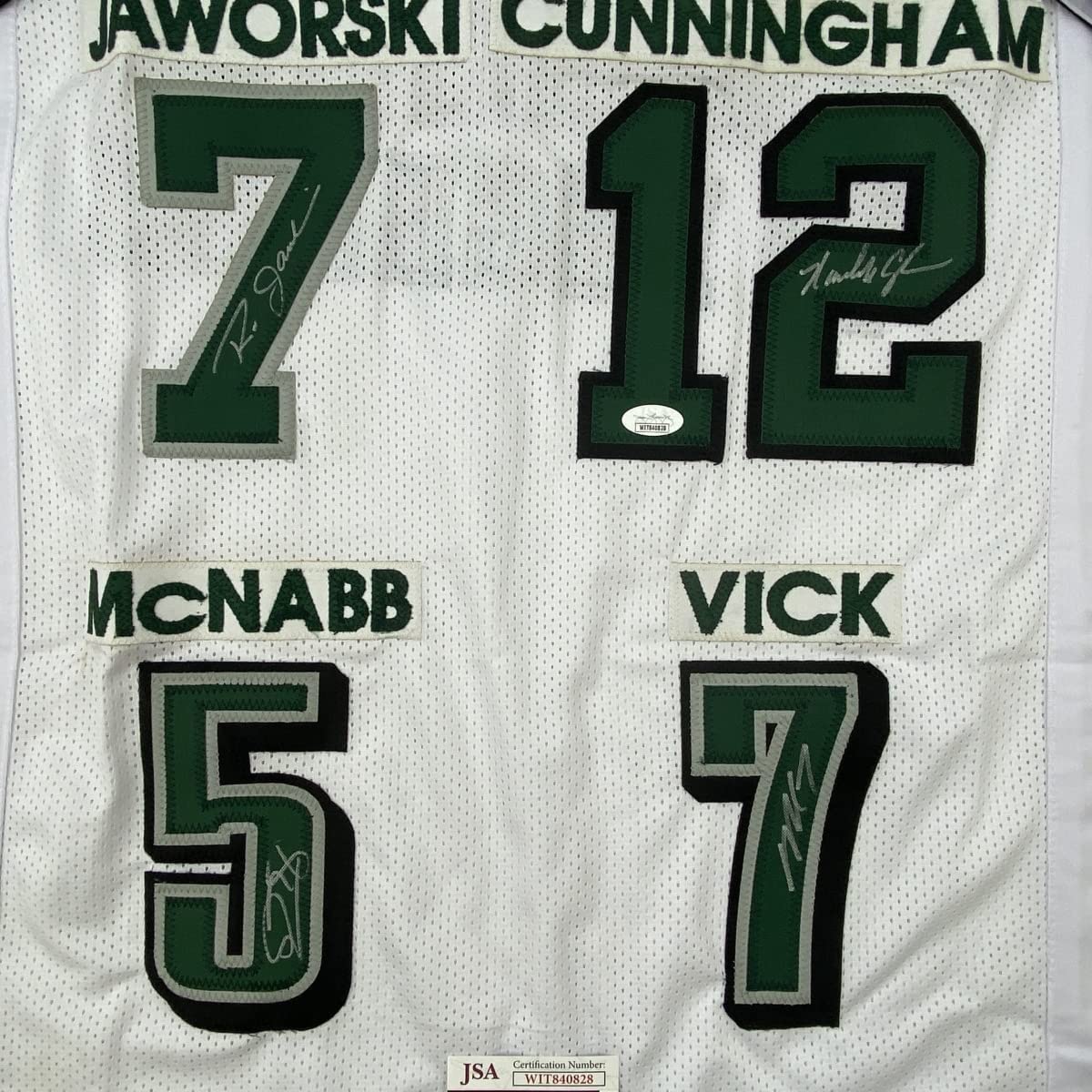 Framed Autographed/Signed Eagles QB Legends McNabb Cunningham Vick Jaworski 35x39 Philadelphia White Football Jersey JSA COA