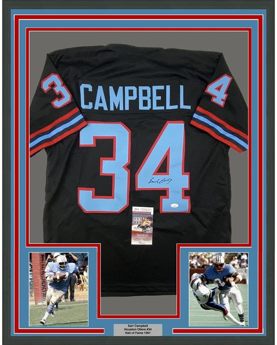Framed Autographed/Signed Earl Campbell 35x39 Houston Black Football Jersey Beckett BAS COA