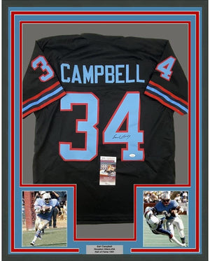 Framed Autographed/Signed Earl Campbell 35x39 Houston Black Football Jersey Beckett BAS COA