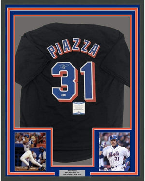 Framed Autographed/Signed Mike Piazza 35x39 New York NY Black Baseball Jersey Beckett BAS COA