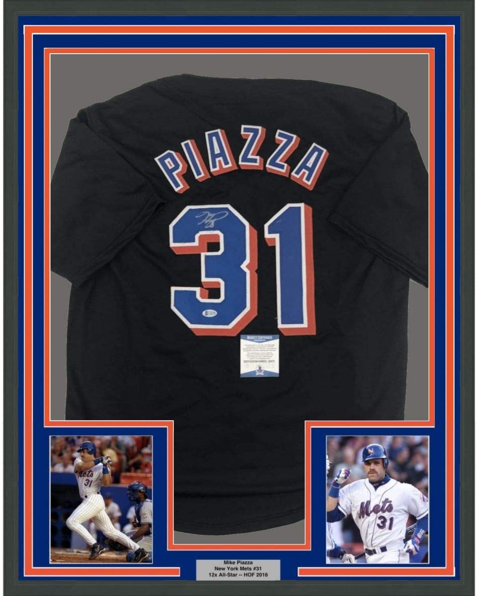 Framed Autographed/Signed Mike Piazza 35x39 New York NY Black Baseball Jersey Beckett BAS COA