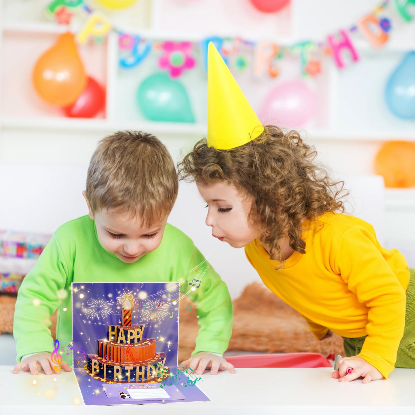 CANREVEL 3D Pop Up Fireworks Birthday Card LED Music Orange Cake Color