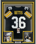 Framed Autographed/Signed Jerome Bettis 35x39 Pittsburgh Black Retro Football Jersey JSA COA