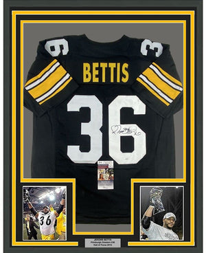 Framed Autographed/Signed Jerome Bettis 35x39 Pittsburgh Black Retro Football Jersey JSA COA