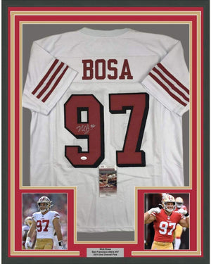 Framed Autographed/Signed Nick Bosa 35x39 San Francisco White Football Jersey JSA COA