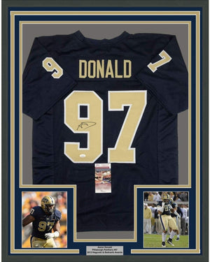 Framed Autographed/Signed Aaron Donald 35x39 Pittsburgh Blue College Football Jersey JSA COA