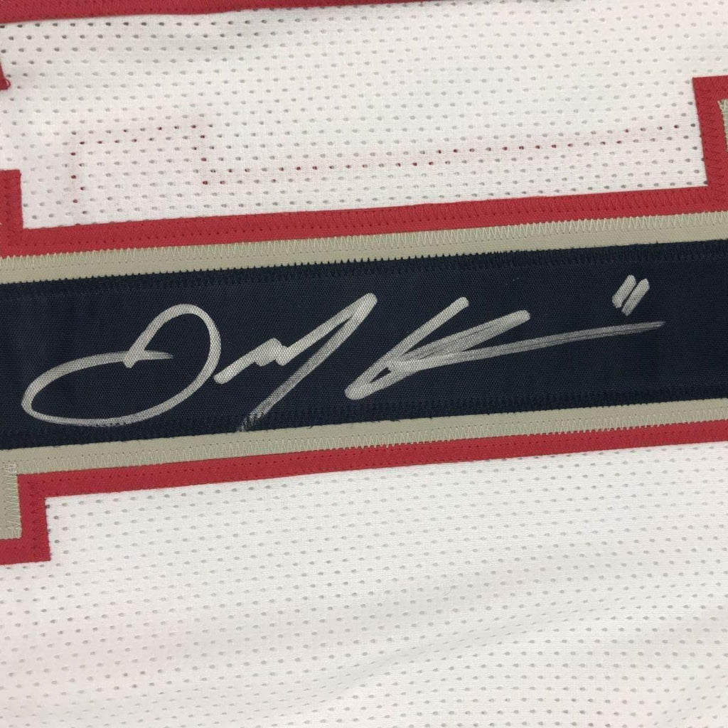 Framed Autographed/Signed Julian Edelman 35x39 New England White Football Jersey Beckett BAS COA
