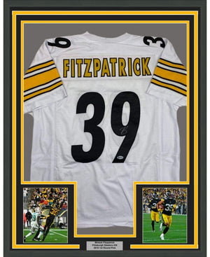 Framed Autographed/Signed Minkah Fitzpatrick 35x39 Pittsburgh White Football Jersey Beckett BAS COA