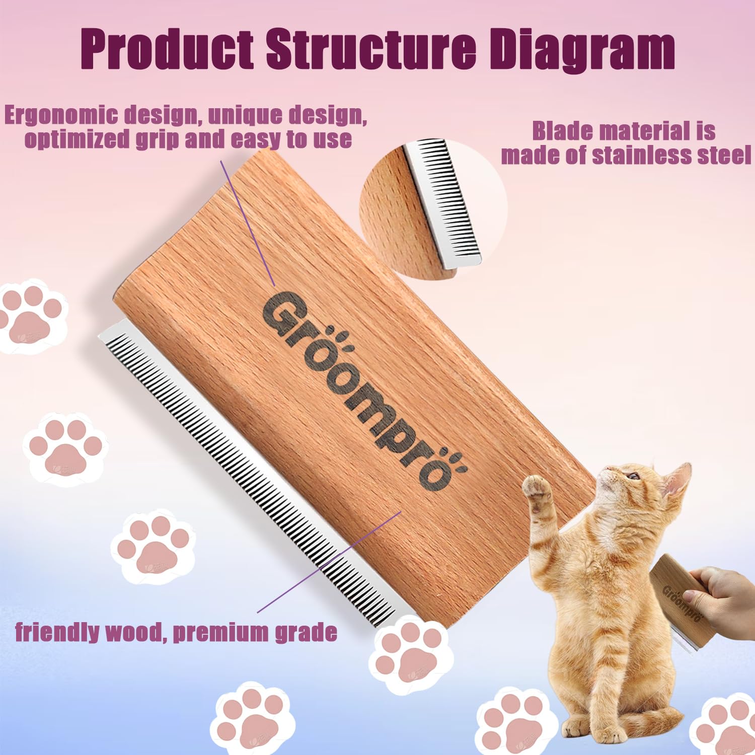 Groompro Deshedding Brush Dog & Cat Hair Removal Tool L 5.3 inch