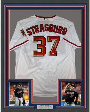 Framed Autographed/Signed Stephen Strasburg 35x39 Washington White Baseball Jersey JSA COA Holo Only