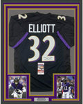 Framed Autographed/Signed DeShon Elliott 35x39 Baltimore Black Football Jersey JSA COA