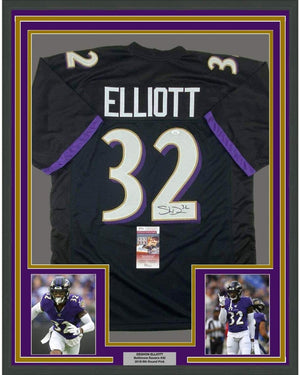 Framed Autographed/Signed DeShon Elliott 35x39 Baltimore Black Football Jersey JSA COA