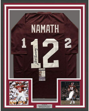 Framed Autographed/Signed Joe Namath 35x39 Alabama Crimson Tide Red College Football Jersey JSA COA