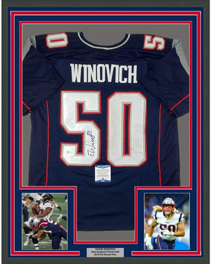 Framed Autographed/Signed Chase Winovich 35x39 New England Blue Football Jersey Beckett BAS COA