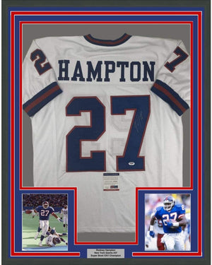Framed Autographed/Signed Rodney Hampton 35x39 New York White Football Jersey PSA/DNA COA