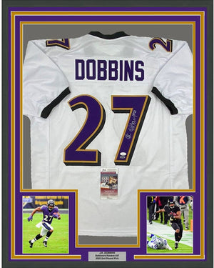 Framed Autographed/Signed JK J.K. Dobbins 35x39 Baltimore White Football Jersey JSA COA