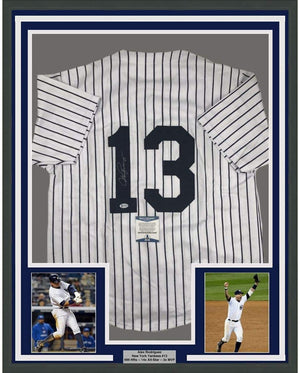 Framed Autographed/Signed Alex Rodriguez 35x39 New York Pinstripe Baseball Jersey Beckett BAS COA