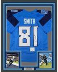 Framed Autographed/Signed Jonnu Smith 35x39 Tennessee Powder Blue Football Jersey Beckett BAS COA