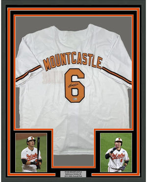 Framed Autographed/Signed Ryan Mountcastle 35x39 Baltimore White Baseball Jersey Beckett BAS COA