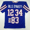 Autographed/Signed Jim Kelly Thurman Thomas Andre Reed Buffalo Dynasty Blue Football Jersey JSA COA