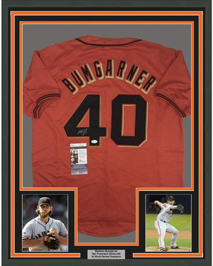 Framed Autographed/Signed Madison Bumgarner 35x39 San Francisco Orange Baseball Jersey JSA COA