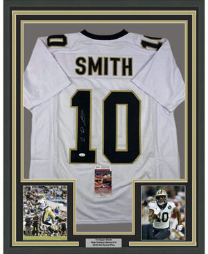 Framed Autographed/Signed Tre'Quan Smith 35x39 New Orleans White Football Jersey JSA COA