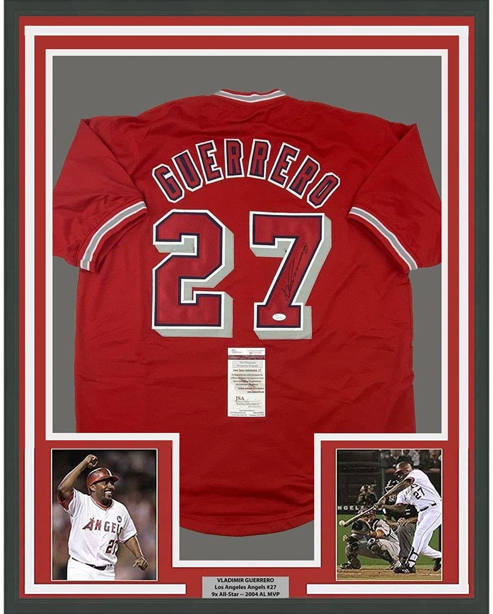 Framed Autographed/Signed Vladimir Vlad Guerrero 35x39 Los Angeles LA Anaheim Red Baseball Jersey JSA COA