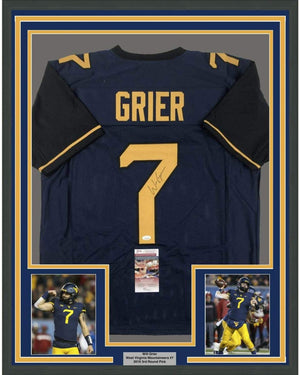 Framed Autographed/Signed Will Grier 35x39 West Virginia Blue College Football Jersey JSA COA