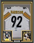 Framed Autographed/Signed James Harrison 35x39 Pittsburgh White Football Jersey Beckett BAS COA