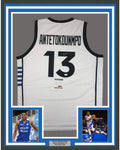 Framed Autographed/Signed Giannis Antetokounmpo 35x39 Greek Greece White Basketball Jersey PSA/DNA COA