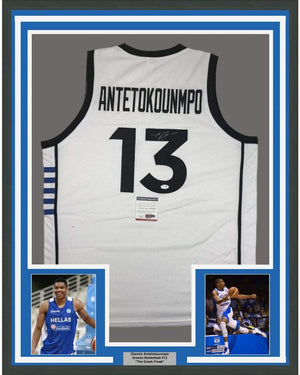 Framed Autographed/Signed Giannis Antetokounmpo 35x39 Greek Greece White Basketball Jersey PSA/DNA COA
