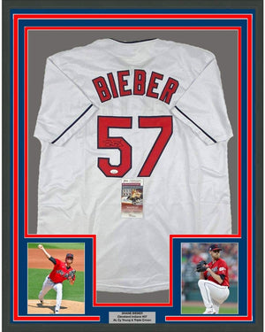 Framed Autographed/Signed Shane Bieber 35x39 Cleveland White Baseball Jersey JSA COA