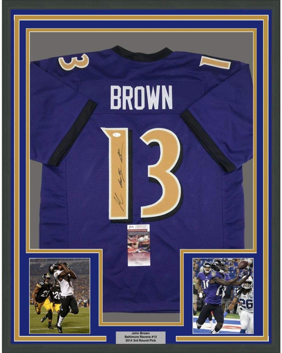 Framed Autographed/Signed John Brown 35x39 Baltimore Color Rush Football Jersey JSA COA