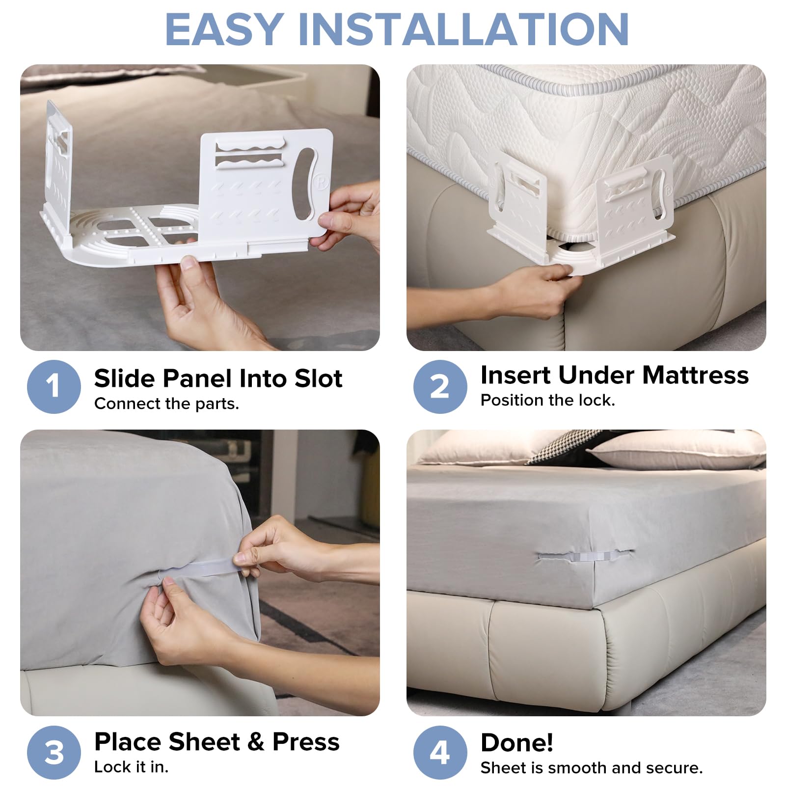 Moskiboly Upgraded Lock Bed Sheet Holders with Center Clips White Standard