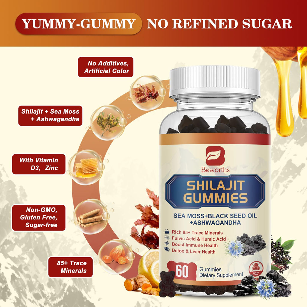 B BEWORTHS Shilajit Gummies with Ashwagandha & Herbs 60 Count