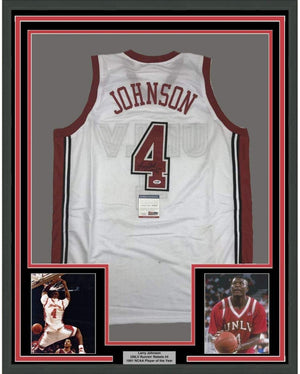 Framed Autographed/Signed Larry Johnson 35x39 UNLV White College Basketball Jersey PSA/DNA COA