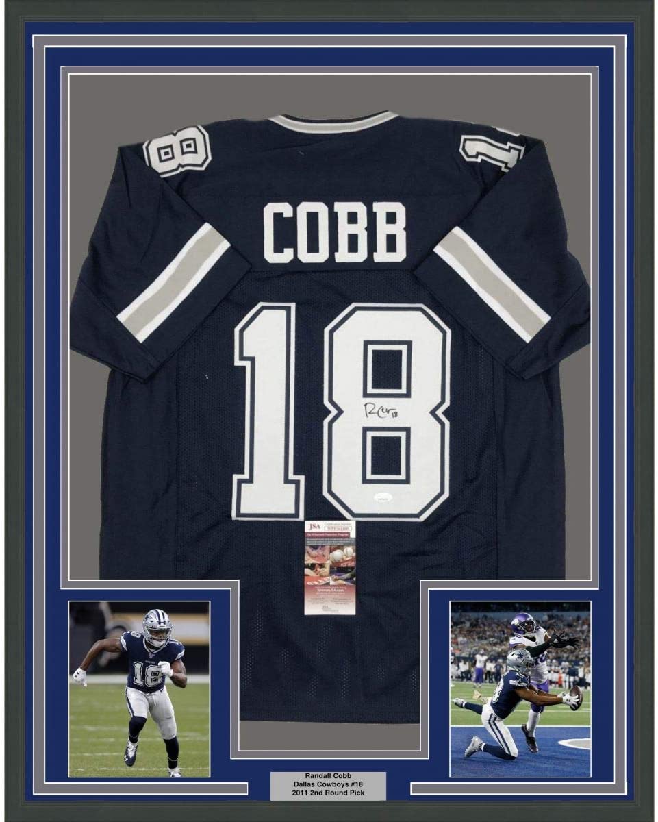 Framed Autographed/Signed Randall Cobb 35x39 Dallas Dark Blue Football Jersey JSA COA