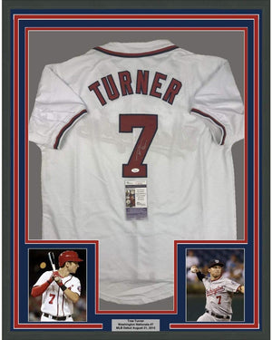 Framed Autographed/Signed Trea Turner 35x39 Washington White Baseball Jersey JSA COA