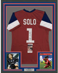 Framed Autographed/Signed Hope Solo 35x39 Red/White/Blue Soccer Team USA World Cup Jersey JSA COA