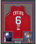 Framed Autographed/Signed Julius Erving Dr. J 35x39 Philadelphia Red Basketball Jersey JSA COA