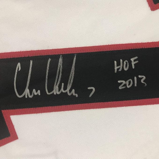 Framed Autographed/Signed Chris Chelios HOF 2013 35x39 Chicago White Hockey Jersey JSA COA
