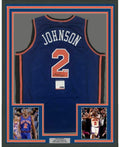 Framed Autographed/Signed Larry Johnson 35x39 New York Blue Basketball Jersey PSA/DNA COA