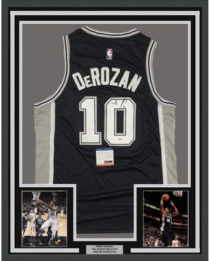 Framed Autographed/Signed DeMar DeRozan 35x39 San Antonio Black Basketball Jersey PSA/DNA COA